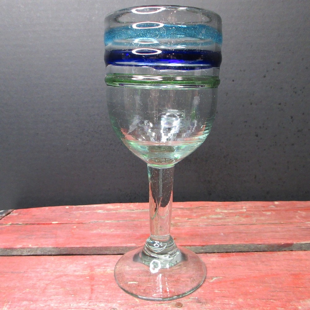 Hand Blown Mexican Glass Wine Water Goblet Cobalt Blue Aqua Green Rim Rustic